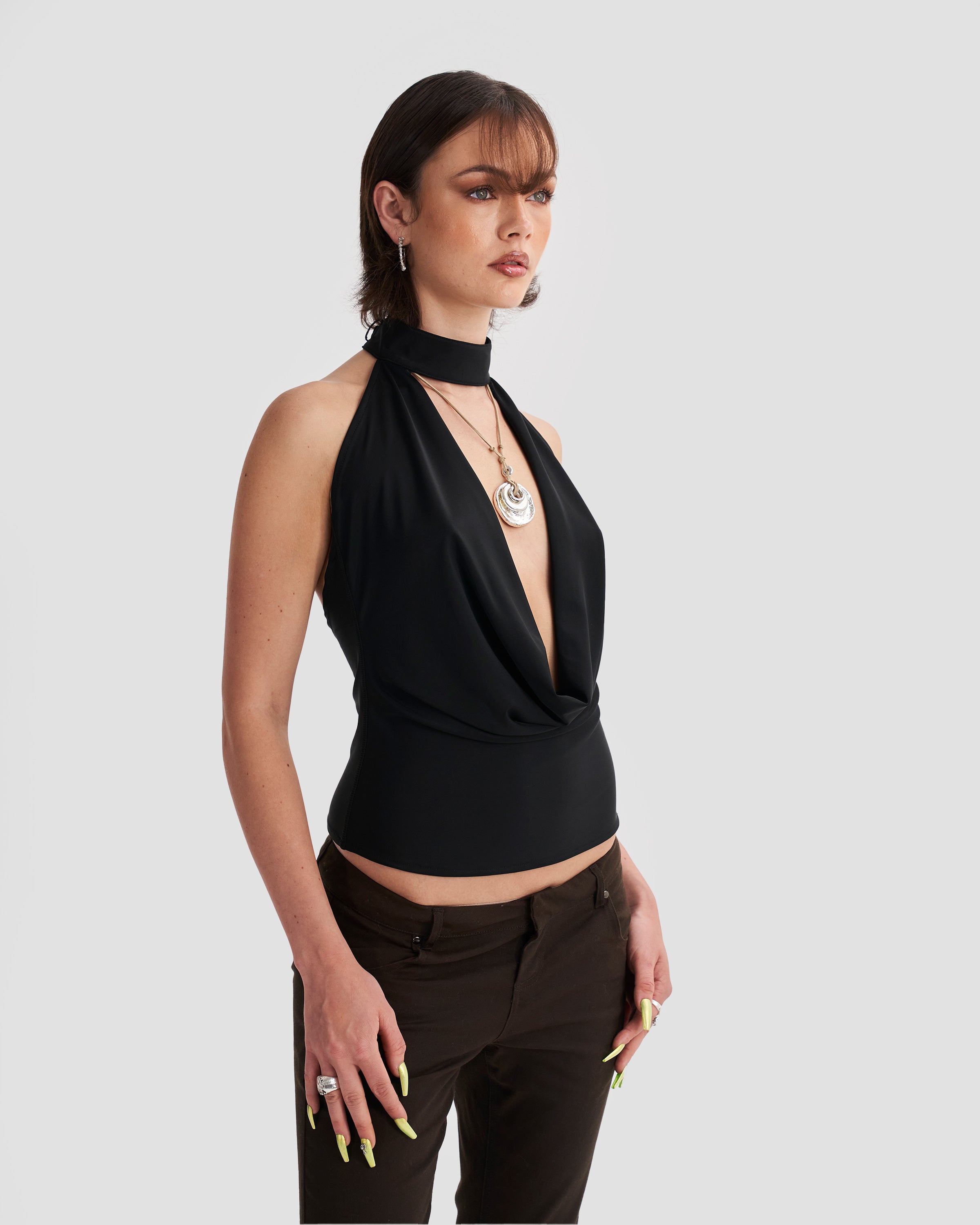 Plunge Cowl Halter Neck Top with Buckle in Black